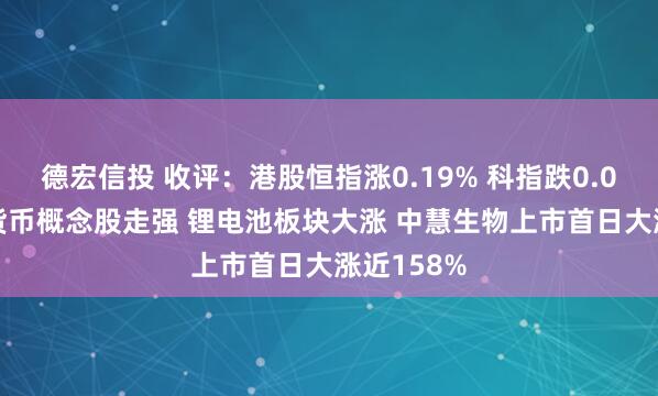 德宏信投 收評(píng)：港股恒指漲0.19% 科指跌0.01% 加密貨幣概念股走強(qiáng) 鋰電池板塊大漲 中慧生物上市首日大漲近158%